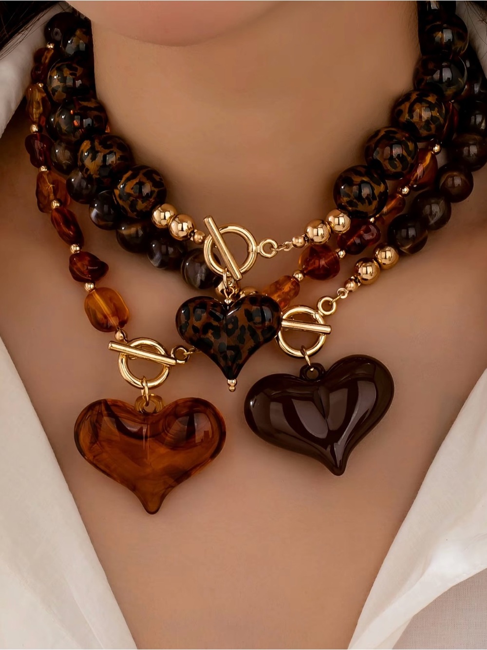 Brown  Beaded Necklace Heart Charm Pendant Love Theme Round Beads Lot Of 3 New